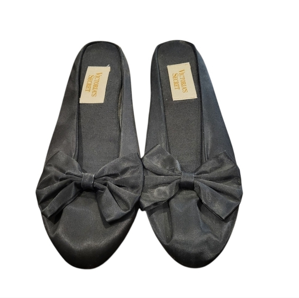 Vintage Victoria's Secret Black Satin Bow Slippers Size 9/10